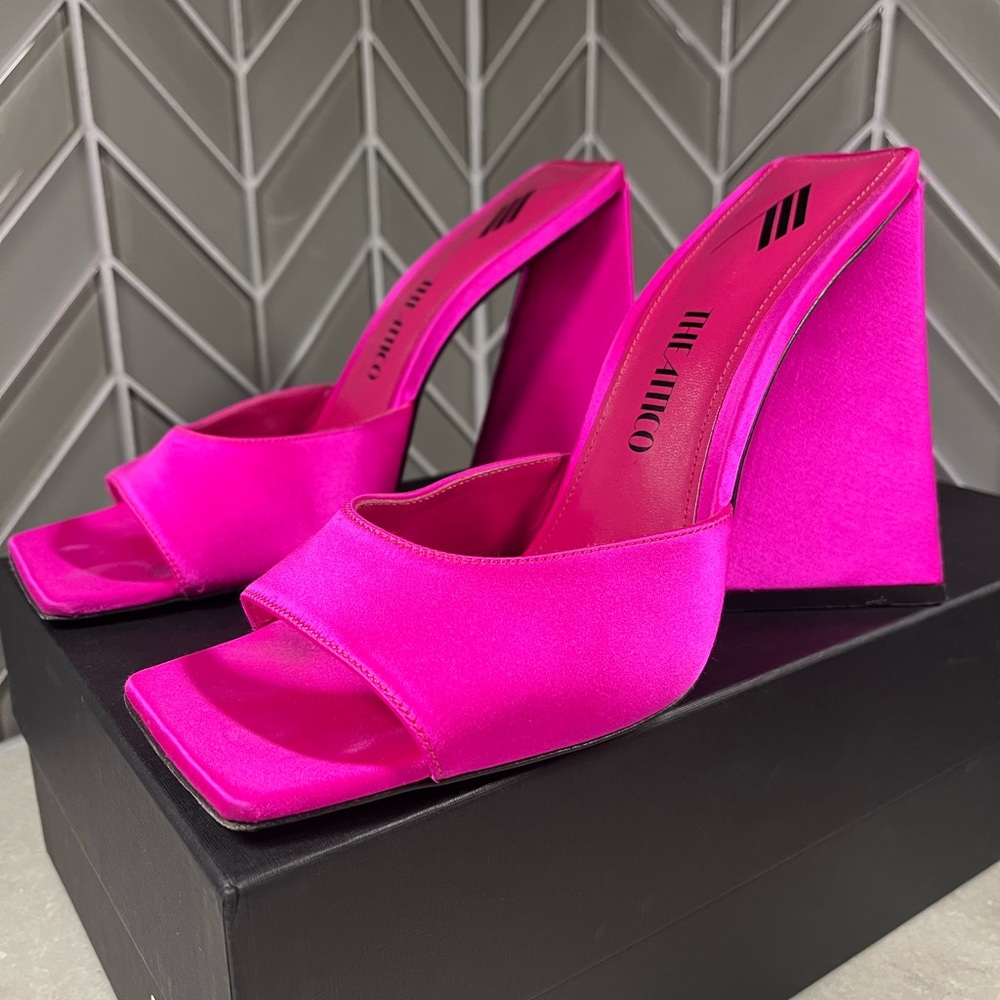 The Attico Devon Mules in rare pink/fuschia satin with pyramid heel.
